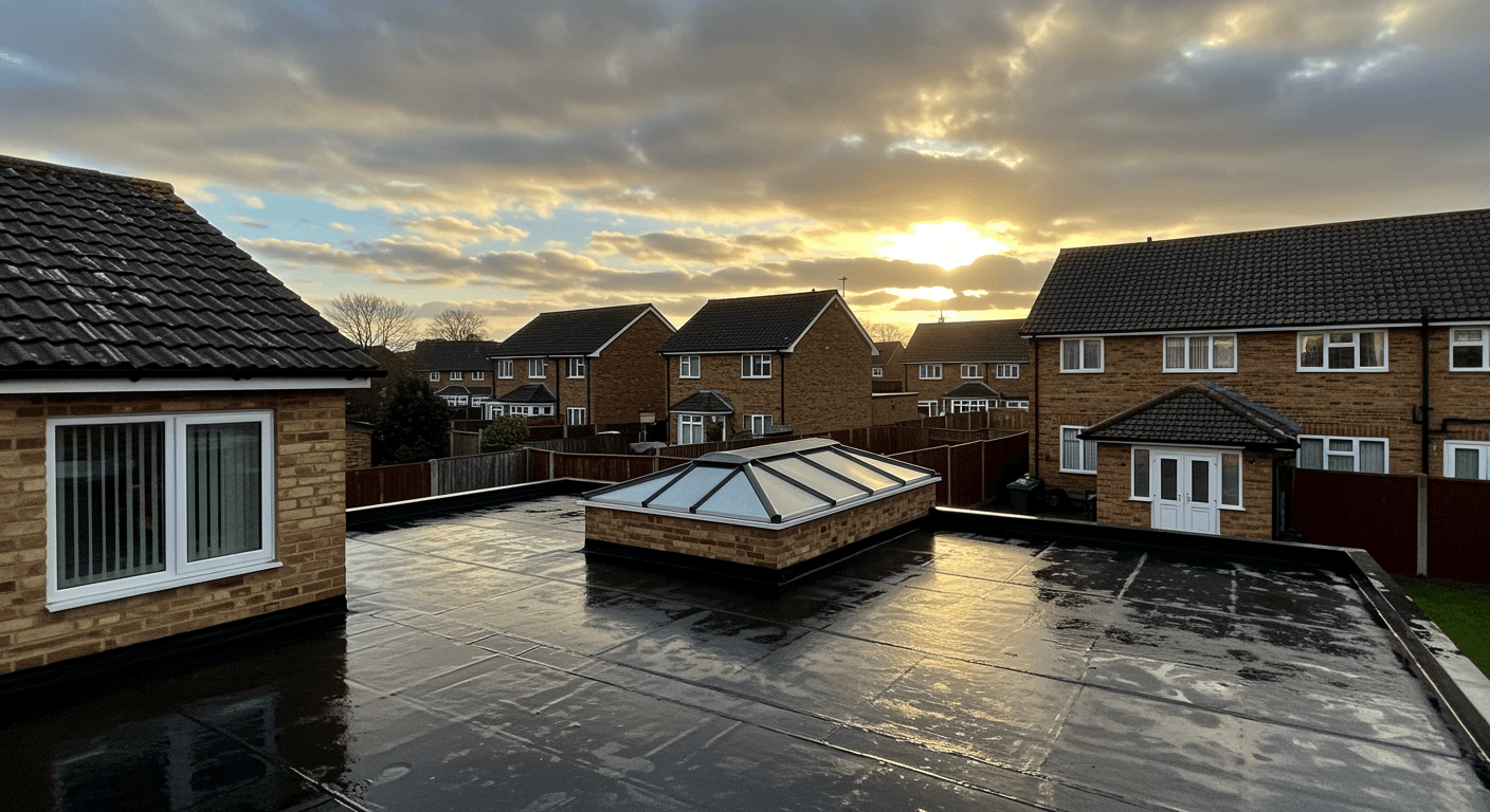 Flat roof with a glazed roof lantern overlooking neighbouring homes